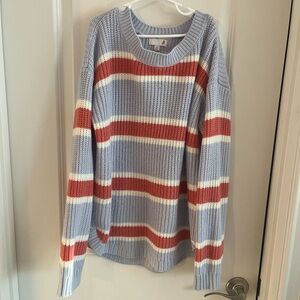 SO Women's Light Blue and Red Striped Sweater